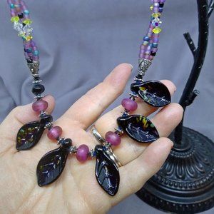 NWOT Necklace Lampworked Glass w/Seed Beads Thai Silver & Crystals Handmade 20"